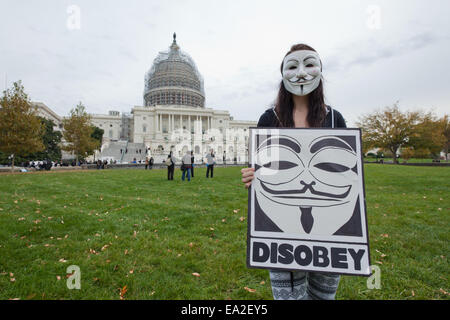 Washington, DC, USA. 5 novembre, 2014. Des centaines de manifestants led anonyme rassemblement à Washington, DC, pour protester contre l'austérité, la surveillance de masse et l'oppression sur le Guy Fawkes Day Crédit : B Christopher/Alamy Live News Banque D'Images