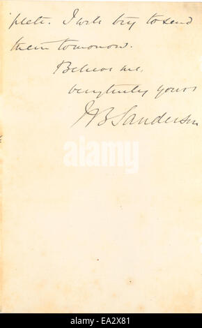Cette lettre, écrite par John Burdon-Sanderson à Charles R. Darwin le 23 mars 1874, traite de questions scientifiques liées à leurs travaux en cours en biologie. La correspondance offre un aperçu de la communauté scientifique du XIXe siècle. Banque D'Images