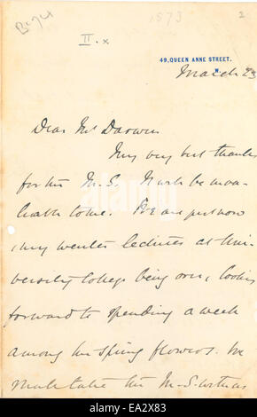 Cette lettre, datée du 23 mars 1874, a été écrite par John Burdon-Sanderson à Charles Darwin. Il reflète la correspondance entre deux personnalités éminentes de l'histoire de la science, discutant des questions scientifiques de l'époque. Banque D'Images