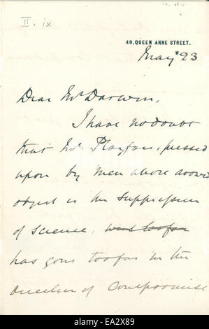 Il s'agit d'une lettre écrite par John Burdon-Sanderson à Charles Darwin le 23 mai 1875, montrant la correspondance entre deux scientifiques éminents du XIXe siècle. La lettre est importante dans l'histoire de la science, offrant un aperçu de leur échange intellectuel. Banque D'Images