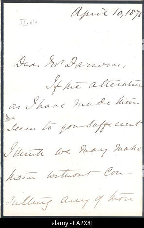 Cette lettre de John Burdon-Sanderson à Charles Darwin, datée du 10 avril 1875, reflète la correspondance entre deux personnalités éminentes du domaine scientifique. La lettre aborde les idées scientifiques et les développements de la période. Banque D'Images
