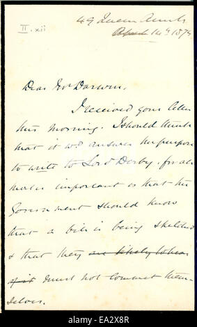 Cette lettre de John Burdon-Sanderson à Charles Darwin, datée du 14 avril 1875, donne un aperçu de la correspondance scientifique entre ces deux figures clés de l’histoire de la biologie, notamment en ce qui concerne l’étude de la physiologie et de l’évolution. Banque D'Images