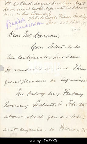 Cette lettre de John Burdon-Sanderson à Charles Darwin, datée du 31 décembre 1880, reflète la correspondance entre deux personnalités éminentes du domaine scientifique à la fin du XIXe siècle. Banque D'Images