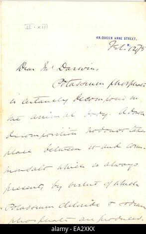 Une lettre écrite par John Burdon-Sanderson à Charles Darwin le 12 février 1875, donnant un aperçu des discussions scientifiques de l'époque. Banque D'Images