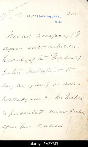 Cette lettre, écrite par John Burdon-Sanderson à Charles R. Darwin, datée du 14 mai 1879, met en lumière un échange intellectuel entre deux personnalités éminentes de l’histoire des sciences, discutant de questions de biologie et d’évolution. Banque D'Images