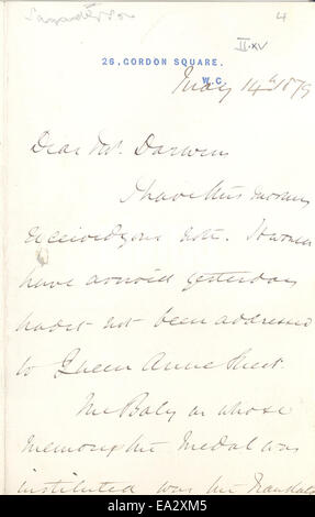 Une lettre de John Burdon-Sanderson à Charles R. Darwin, datée du 14 mai 1879, discutant de questions scientifiques d'intérêt mutuel, offrant un aperçu de la correspondance et des relations scientifiques du XIXe siècle. Banque D'Images