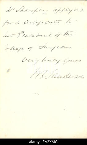 Lettre, Jean Burdon-Sanderson à Charles R. Darwin, Avril 1875 Page 3 Banque D'Images