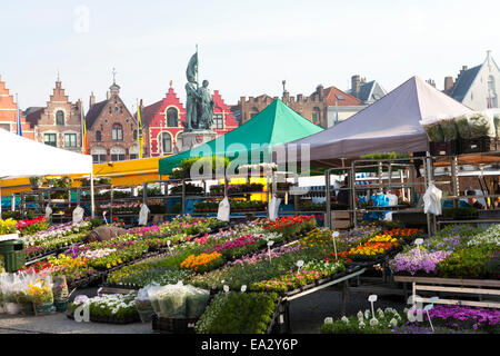 Marché aux fleurs de la Place du Marché historique, Bruges, Belgique, Europe Banque D'Images