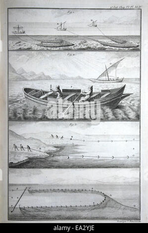 Cette image représente des pêcheurs tirant des filets sur le rivage, capturant un moment d'activité de pêche côtière. La pratique de la pêche au filet est un élément vital des économies côtières depuis des siècles, offrant un aperçu des méthodes traditionnelles de récolte de la mer. Banque D'Images