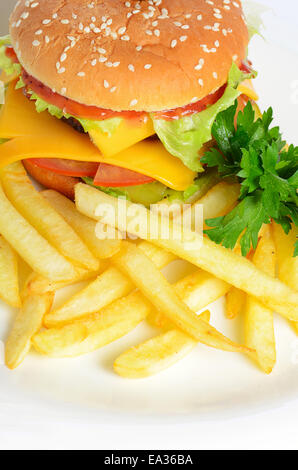 Un hamburger avec des frites de pommes de terre Banque D'Images