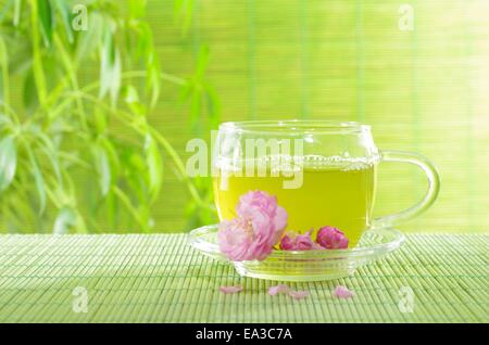 Dans la tasse de thé vert sur fond des plantes Banque D'Images