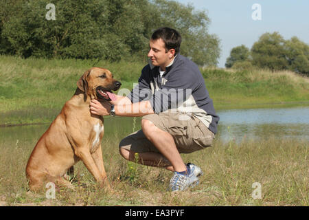 L'homme avec le Rhodesian Ridgeback Banque D'Images