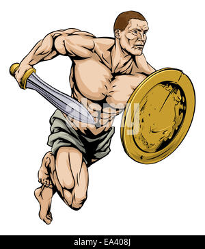 Une illustration d'un guerrier ou d'homme gladiator ou caractère mascot sport tenant une épée et un bouclier Banque D'Images