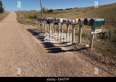 Ligne de boîtes aux lettres (boîtes aux lettres) sur Straight Rural Dirt Road, Dakota du Sud, États-Unis Banque D'Images