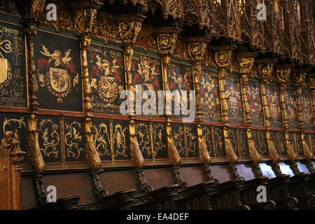 L'Espagne. Barcelone. Cathédrale de la Sainte Croix et Sainte Eulalie. Les stalles du choeur. Détail de blasons. Banque D'Images