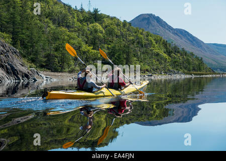 Kayak dans le parc national du Gros-Morne, Trout River, Newfoundland, Canada Banque D'Images