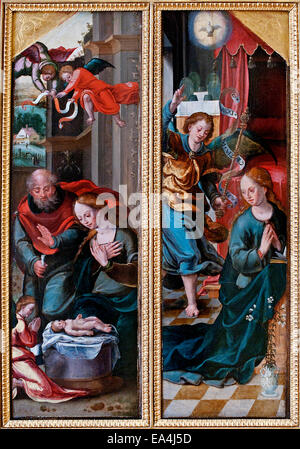 L'Annonciation et la Nativité Pieter Coecke van Aelst (1502 – 1550) peintre flamand Belgique Annonciation, bénie, Vierge Marie, l'annonce par l'ange Gabriel, Marie qu'elle concevrait, porter un fils par une naissance vierge, devenir la mère de Jésus Christ, Messie chrétien et fils de Dieu, Incarnation, Annonciation, bénie, Vierge Marie, L'annonce par l'ange Gabriel, Marie qu'elle concevrait, porte un fils par une naissance vierge, devient la, mère de Jésus Christ, Messie chrétien et fils de Dieu, Incarnation, Banque D'Images