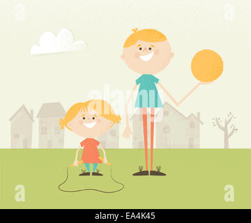 Illustration de deux enfants dans Un parc avec Une balle et une corde à sauter Banque D'Images