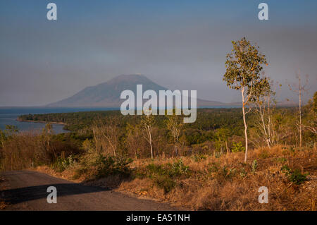 Le volcan du mont Lewotolok est vu depuis une route menant à la colline de Waijarang sur l'île de Lembata, Lembata, Nusa Tenggara est, Indonésie. Banque D'Images