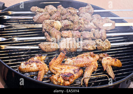 Barbecue avec des brochettes et des ailes de poulet Banque D'Images