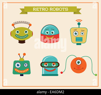 Ensemble de têtes de robots vintage rétro mignon Banque D'Images