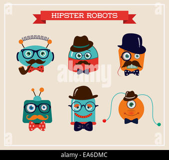 Ensemble de têtes de robots hipster rétro mignon Banque D'Images