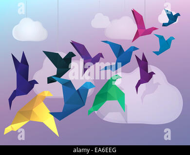 Les oiseaux d'Origami et de faux nuages de fond Banque D'Images