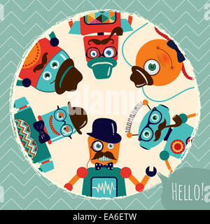 Retro Hipster Illustration Carte Robots Banque D'Images