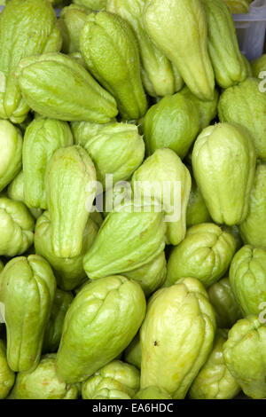 La chayote, Sechium edule, à la vente à un marché asiatique. Banque D'Images