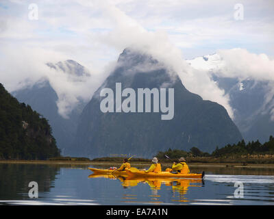 Kayak de mer dans la région de Milford Sound, Nouvelle Zélande Banque D'Images