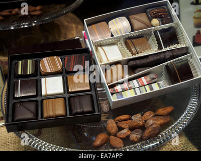 Différents types de chocolat en vente dans un magasin à Bruxelles, Belgique Banque D'Images