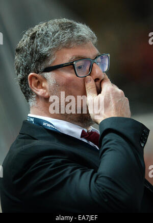 Munich, Allemagne. 07Th Nov, 2014. Le formateur de l'Allemagne pendant la Cortina Pat German Cup match de hockey sur glace entre l'Allemagne et la Suisse à l'Olympia Patinoire à Munich, Allemagne, 07 novembre 2014. Photo : Andreas GEBERT/dpa/Alamy Live News Banque D'Images