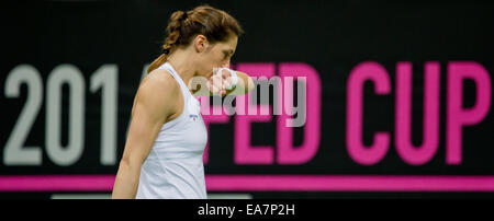 Prague, République tchèque. Nov 8, 2014. L'Allemagne Andrea Petkovic réagit pendant son match contre Petra Kvitova de la République tchèque lors de la Fed Cup 2014 Finale Groupe mondial entre l'Allemagne et la République tchèque dans l'O2 Arena Prague, République tchèque, 8 novembre 2014. Photo : Daniel Karmann/dpa/Alamy Live News Banque D'Images