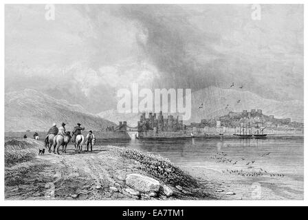 Conway Castle Castell Jimena de la fortification médiévale rivière Conwy côte nord du Pays de Galles vers 1830 Banque D'Images