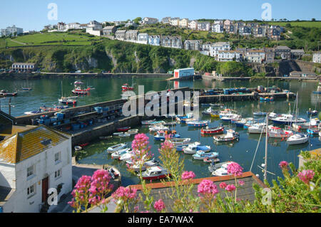 En regardant Mevagissey Harbour à marée haute sur un matin d'été ensoleillé calme Restormel Mid Cornwall South West England UK Banque D'Images