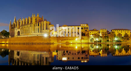 Cathédrale de la Seu Majorque Palma de Majorque dans la réflexion sur le lac à îles Baléares. Photo de nuit, Panorama. Banque D'Images