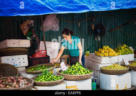 Femme vendant des fruits et légumes frais au marché Dong Xuan dans la vieille ville d'Hanoi Banque D'Images