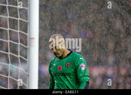 Derby, Royaume-Uni. Nov 8, 2014. Découragement dans la pluie pour les loups attaquant Carl Ikeme Football - Sky Bet Championship - Derby County vs Wolverhampton Wanderers - Stade iPro Derby - Saison 2014/15 - 8 novembre 2014 - Photo Malcolm Couzens/Sportimage. Credit : csm/Alamy Live News Banque D'Images