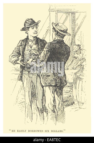 Dans cet extrait de l'œuvre de Mark Twain de 1883, l'auteur raconte avec humour la facilité avec laquelle un personnage emprunte six dollars. Le passage met en lumière l'esprit caractéristique de Twain et ses commentaires sur la nature humaine et les interactions sociales. Banque D'Images