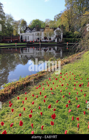 Carshalton, Surrey, UK. 9 novembre 2014. Coquelicots en bonneterie au monument aux morts à côté de l'Étangs de Carshalton. Chef du Conseil et le maire de Dombey Ruth Sutton conseiller Arthur Hookway déposé des couronnes à côté de ceux des groupes locaux de cadets et la Royal British Legion. Des centaines de personnes ont assisté à la cérémonie du culte de dimanche où le nom de bronze panneaux ont été malheureusement volé au mémorial de la Première Guerre mondiale au cours d'un vol de speight en 2011 et remplacés par des panneaux de pierre sculptée. Nouvelle ce mois-ci est un monument en pierre aux morts de la SECONDE GUERRE MONDIALE. Banque D'Images