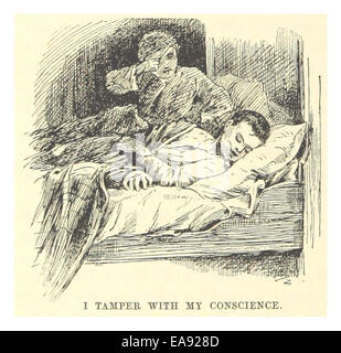 Cette illustration de 1883 tirée de l’œuvre de Mark Twain dépeint avec humour la réflexion ludique de l’auteur sur la conscience et la morale. L'image accompagne le commentaire spirituel de Twain sur la nature humaine et l'introspection personnelle. Banque D'Images