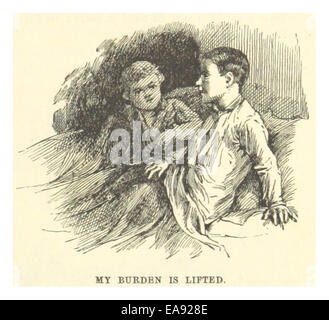 Une illustration de 1883 tirée de « The Adventures of Huckleberry Finn » de Mark Twain, avec la citation « My Burden is Lift » L’illustration reflète les thèmes de la liberté et de la libération personnelle au cœur du roman de Twain, capturant le moment de la libération émotionnelle de Huck. Banque D'Images