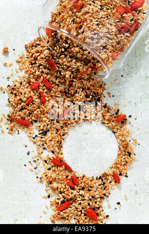 Avec Granola chia seeds, graines de lin, graines de sésame et les baies de goji Banque D'Images