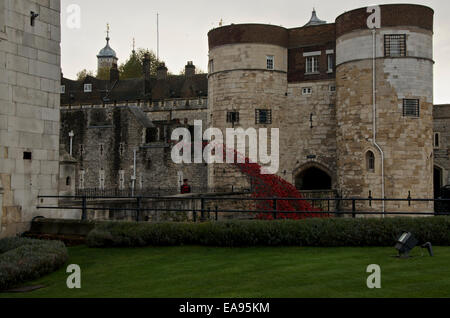 Souvenir Dimanche 9 Novembre 2014 à la Tour de Londres. Un Yeoman Guard connu comme un Beefeater donne à la partie de l'onde d'un art de l'instillation intitulé Blood a balayé les terres et les mers de rouge, qui commémore le centenaire du début de la PREMIÈRE GUERRE MONDIALE en 1914 a attiré des millions de visiteurs. Banque D'Images