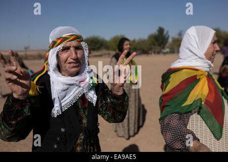 Kobane, Turquie, 21th Nov, 2014. Peuple kurde dans le sud-est de démontrer village frontalier de Mursitpinar, province de Sanliurfa, Turquie près de la ville syrienne de Kobane, également connu sous le nom de Ain al-Arab, le 9 novembre 2014, le Crédit : Konstantinos Tsakalidis/Alamy Live News Banque D'Images