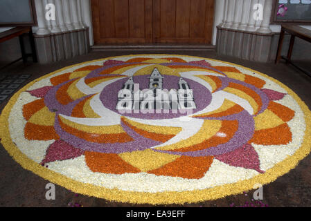 Pookalam tapis floral fleur pendant le festival d'Onam au Kerala. Banque D'Images