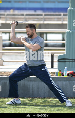 Hugh Jackman travaillant dans le parc pour son prochain film de Peter Pan avec : Hugh Jackmsn Où : Manhattan, New York, United States Quand : 07 mai 2014 Banque D'Images