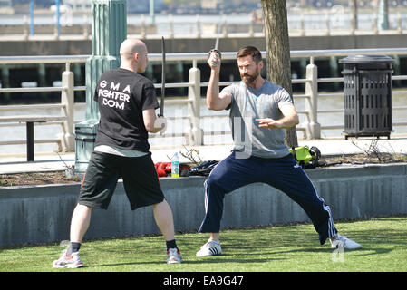 Hugh Jackman travaillant dans le parc pour son prochain film de Peter Pan avec : Hugh Jackmsn Où : Manhattan, New York, United States Quand : 07 mai 2014 Banque D'Images