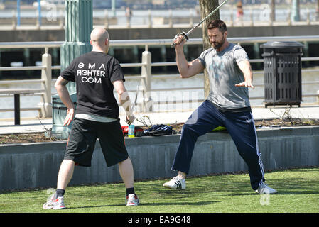 Hugh Jackman travaillant dans le parc pour son prochain film de Peter Pan avec : Hugh Jackmsn Où : Manhattan, New York, United States Quand : 07 mai 2014 Banque D'Images