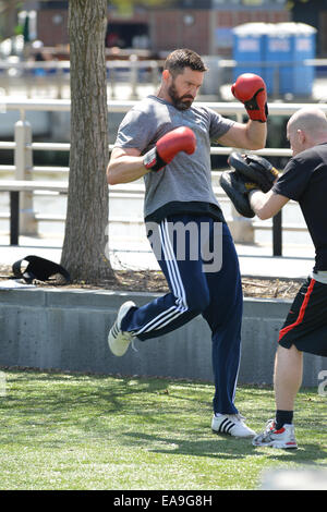 Hugh Jackman travaillant dans le parc pour son prochain film de Peter Pan avec : Hugh Jackmsn Où : Manhattan, New York, United States Quand : 07 mai 2014 Banque D'Images